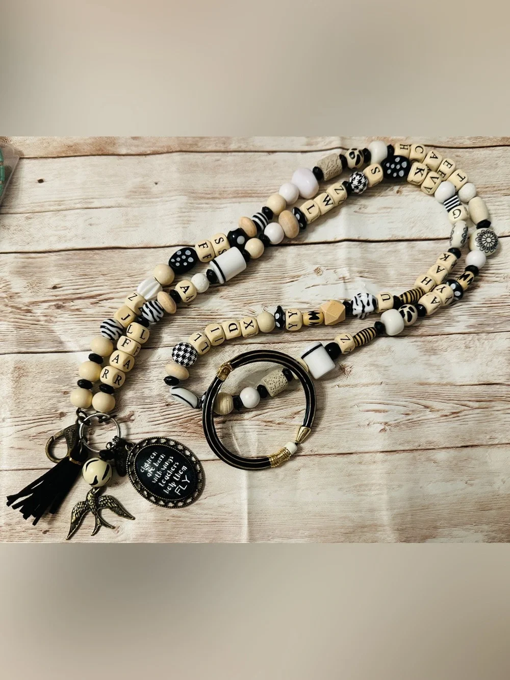 Teacher inspirational Black & Cream Beaded Lanyard & keychain charm/bracelet set